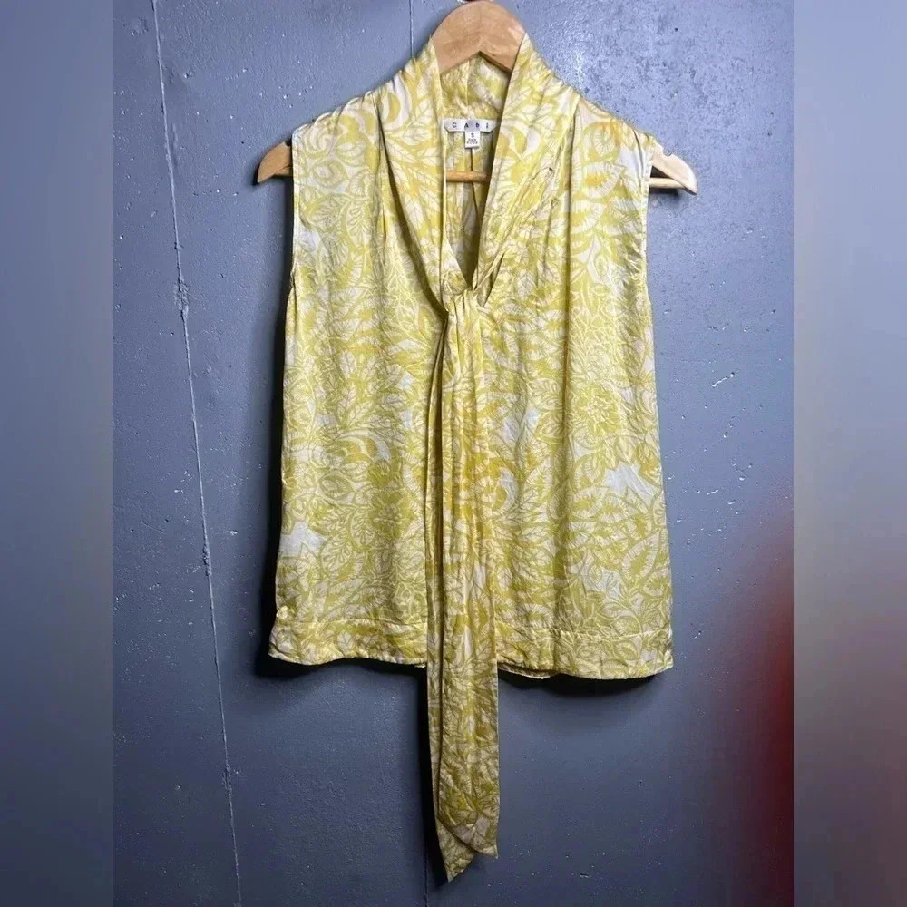 CAbi 100% Silk Blouse Top Shirt Yellow Floral Tie Neck Moonbeam Pattern